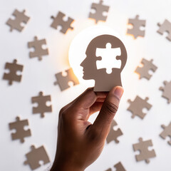 A silhouette of a hand holding a head with puzzle pieces, symbolizing mental health, problem-solving, and introspection.