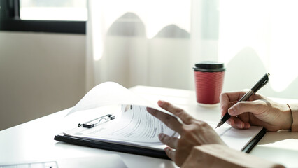 Business woman employer holding resume hiring recruit looking cv resume to hire candidates,...