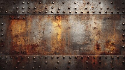 Fototapeta premium A weathered, rusty metallic wall featuring rivets and patches of corrosion, displaying a blend of orange and brown tones typical of an industrial backdrop.