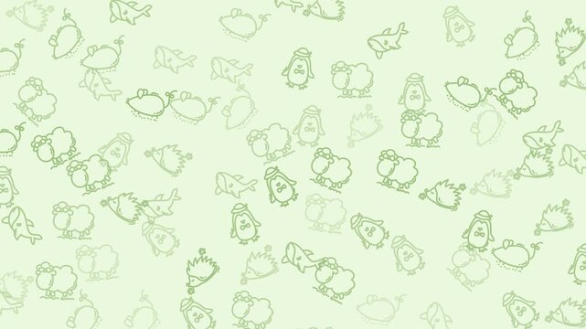 Animating Cute Green Cartoon Animal Characters Flowing Seamless Pattern Loop