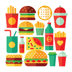 An illustration of various burger and fast-food items
