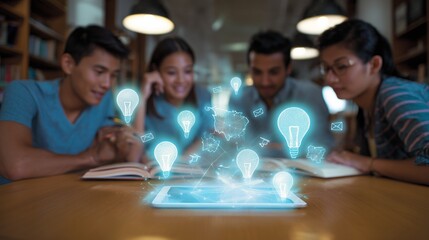 Diverse students learning using a tablet with glowing holographic lightbulbs and data