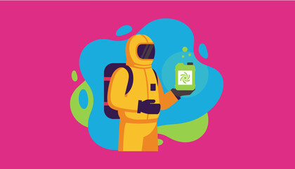 Person in a yellow Hazmat suit holds a glowing chemical container Safety and contamination protection concept