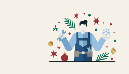 Service worker holding tools and snowflake with festive holiday decorations Winter maintenance concept