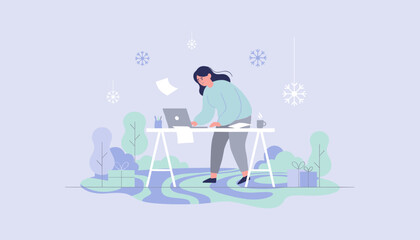 Stressed woman works on laptop outdoors during winter holidays dealing with cold and deadlines