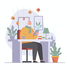 Elderly man reading on tablet at home enjoying cozy digital lifestyle and retirement