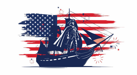 Illustration of a colonial figure on a ship with the American flag
