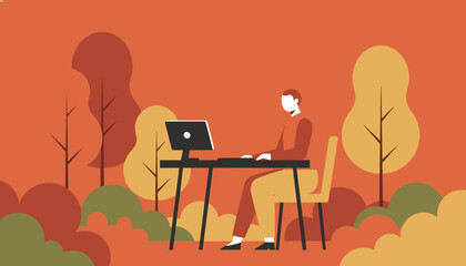 Remote worker using computer in autumn park setting Flat design illustration of work and nature