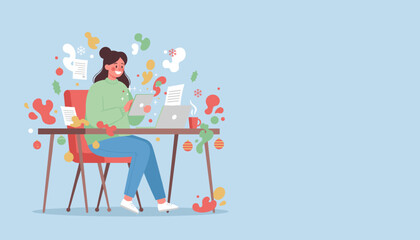 Festive remote work Happy woman uses tablet and laptop surrounded by holiday decorations