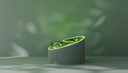 Modern cylindrical display podium with fresh green slices artfully arranged on top minimalist studio setup