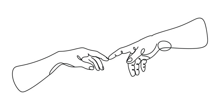 Minimalist continuous line drawing of two hands reaching for each other vector