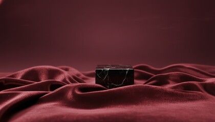 Elegant dark podium display on luxurious draped fabric for product presentation and studio photography concepts