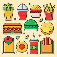 An illustration of various burger and fast-food items