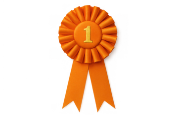 Orange ribbon award with a golden number one representing success, victory, achievement, and top performance, on transparent background