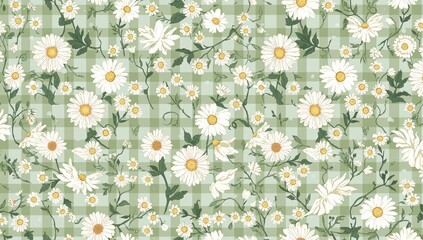 Daisy seamless pattern on checked background, suitable for textile design and floral trend applications