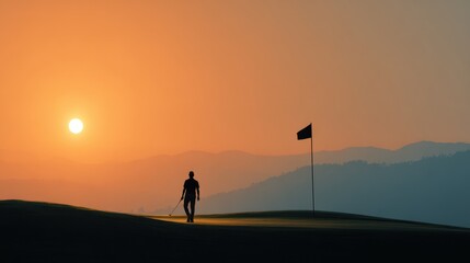A golfer walks towards the flag under a vibrant sunset, silhouetted against the horizon. The scene captures the peace of an evening on the course.