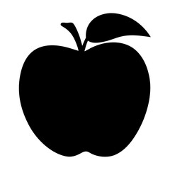Black and white graphic illustration of a single apple with leaf and stem