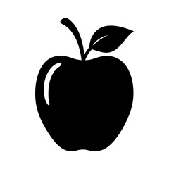 A simple black and white apple illustration with a leaf and stem