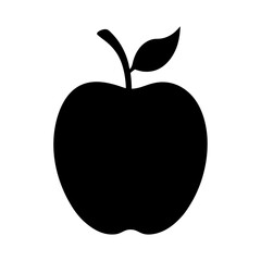 Silhouette of a black apple with stem and leaf on white background