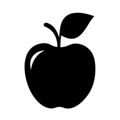 Black Silhouette of an Apple with Stem and Leaf on White Background