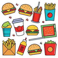 An illustration of various burger and fast-food items