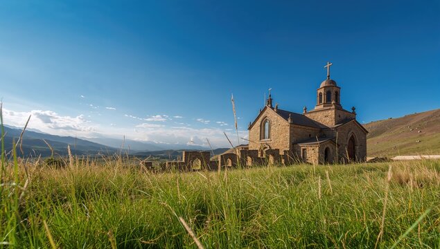 Exterior view of a church building, showcasing architectural features, preservation
