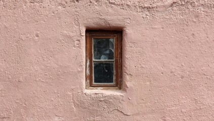 A tiny window featuring broken glass sits within a rough pink plaster wall, its aged wooden frame lending a quaint, rustic appeal against the subdued, timeworn backdrop.