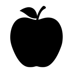 Apple silhouette icon with leaf on stem, Black apple silhouette with a stem and leaf, isolated on white background, ideal for icons, food designs, or health concepts.
