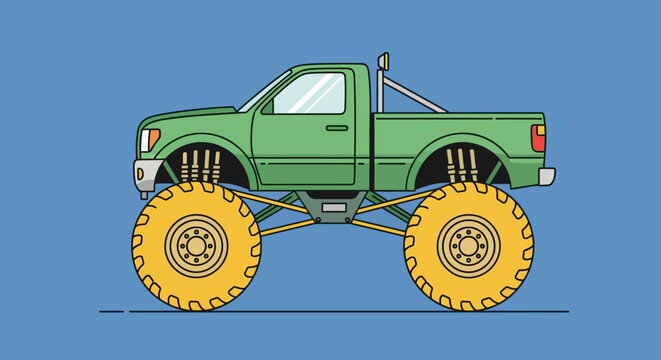 Illustrated green monster truck with oversized yellow wheels against a blue background provides a