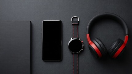 Display of modern technology items on a dark surface, ideal for shopping