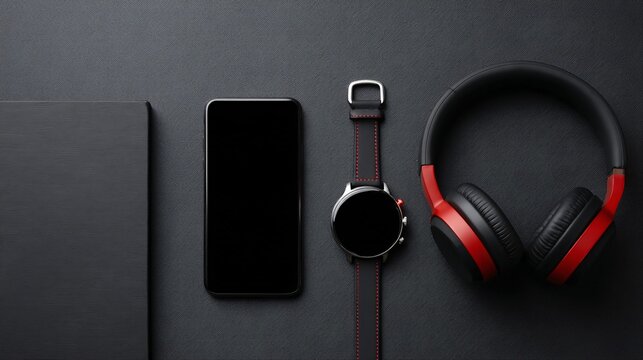 Display of modern technology items on a dark surface, ideal for shopping
