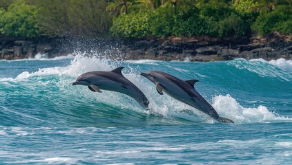 Fototapeta premium Dolphins jumping above ocean waves, showcasing playful movement in nature