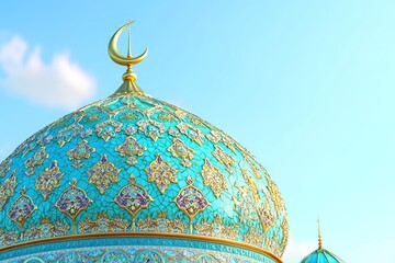 Ornate turquoise dome topped with golden crescent against a clear blue sky
