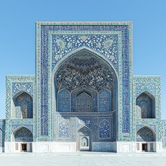 Ornate tiled facade; large archway in light blues and detailed floral patterns