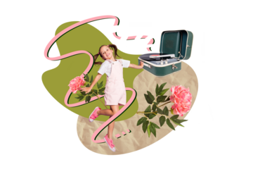 Composite collage image picture of carefree girl dance gramophone isolated on creative background