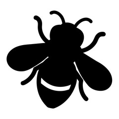 Black silhouette of bee icon, Simple black icon of a bee with wings and antennae, representing nature, insects, pollination, honey, and the environment.  
