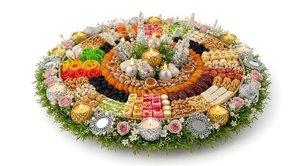 Intricately decorated round floral wreath adorned with miniature figurines and candles creating a festive and spiritual ambiance