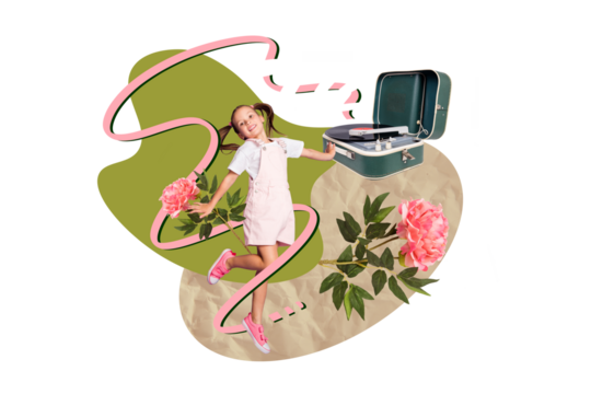 Composite collage image picture of carefree girl dance gramophone isolated on creative background