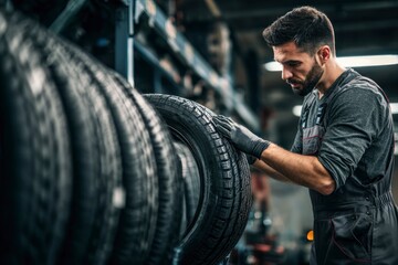 A focused professional in work attire carefully inspects the tread of a vehicle tire, highlighting attention to detail and quality service in an automotive setting. The individual is wearing protectiv