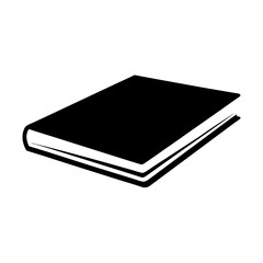 Black and white graphic of a closed book on a plain background