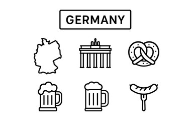 German symbols: outline icons of beer, pretzel, sausage, and berlin landmark