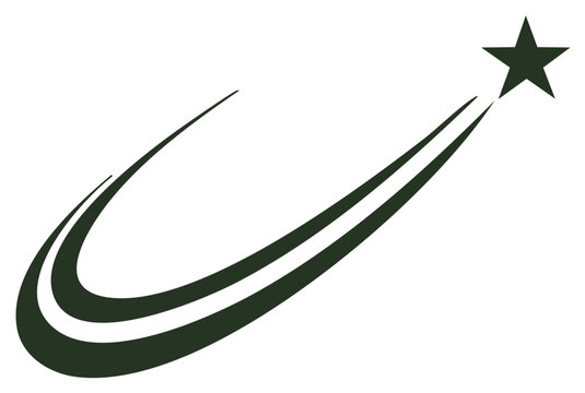 Dark green stylized swoosh trail leading to a shooting star against white background