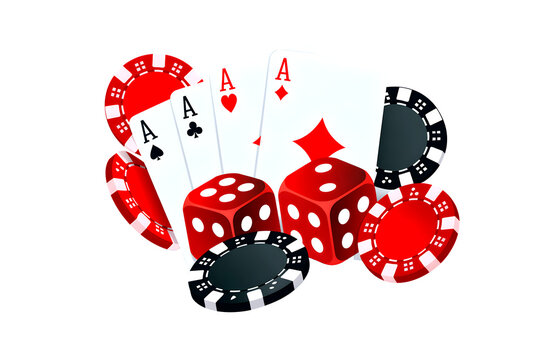 A flurry of aces and glittering casino chips tumble across a white background, capturing the thrill of poker and classic card games.