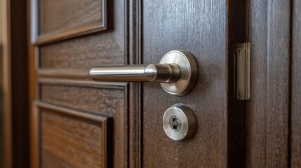 Obraz premium A beautifully crafted door handle and lock shine with elegance showcasing fine woodwork and metal design.