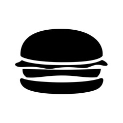 Black silhouette of hamburger icon, Simple black icon of a hamburger with bun, patty, and toppings, representing fast food, snacks, meals, and American cuisine.  
