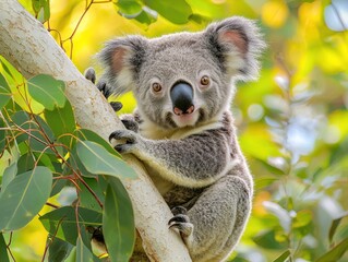 Fototapeta premium Koala clinging to a tree branch, surrounded by green leaves in a bright environment