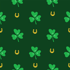 Green gold Saint Patricks Day shamrocks and horseshoes seamless vector pattern. Irish lucky charm motifs. Geometric St. Patricks day symbols for celebration background. Ireland themed backdrop.