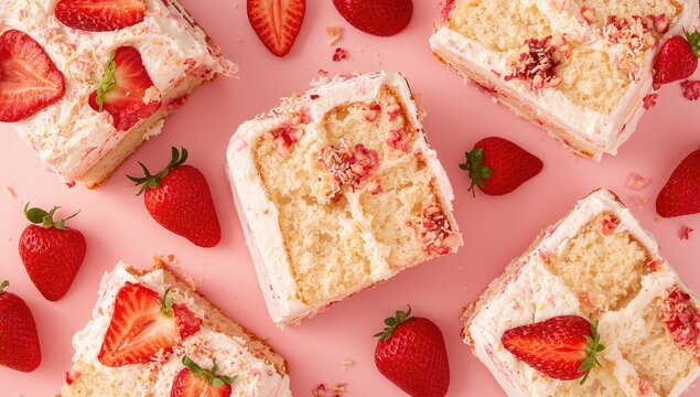 Strawberry cake slices on a pink backdrop, a sugary indulgence with festive designs