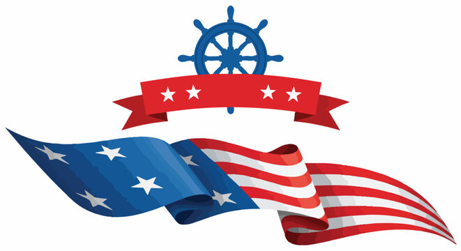 Patriotic nautical vector design featuring the US flag colors waving dramatically below a red banner ribbon and a blue ship's wheel