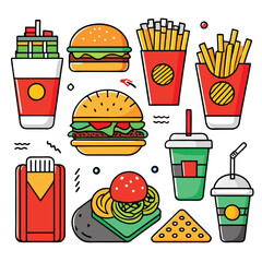 An illustration of various burger and fast-food items
